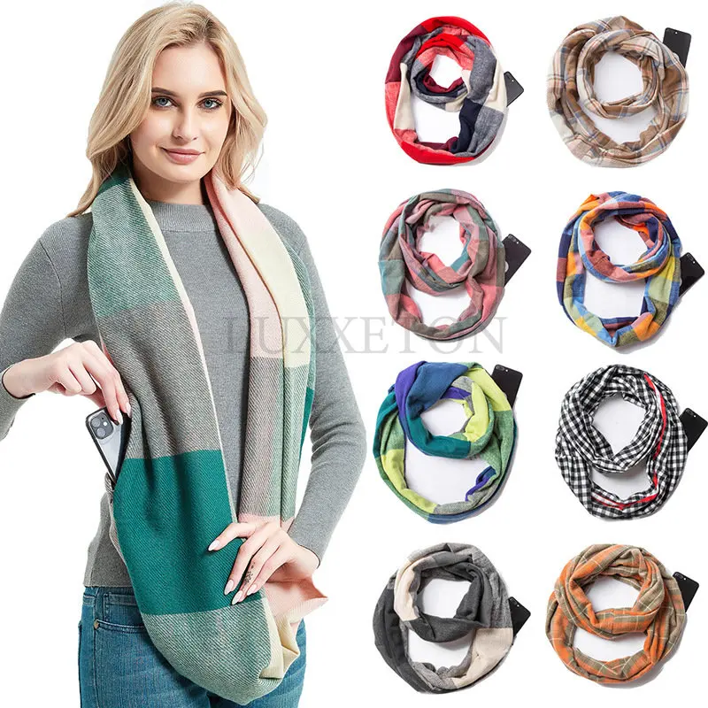 Women's Cashmere Checker Scarf Winter Warm Hidden Zip Pocket Scarf Women's Neck Warm Travel Ring