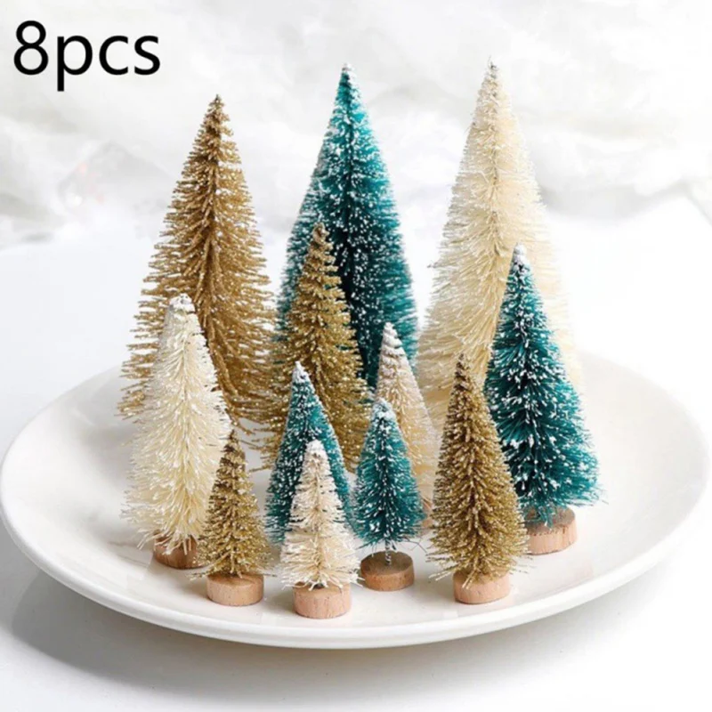 8pcs Mini Decorative Christmas Tree New Year 2024 Kids Gifts Desktop Xmas Tree Home Party Decor Navidad Sisal Silk Xmas Tree