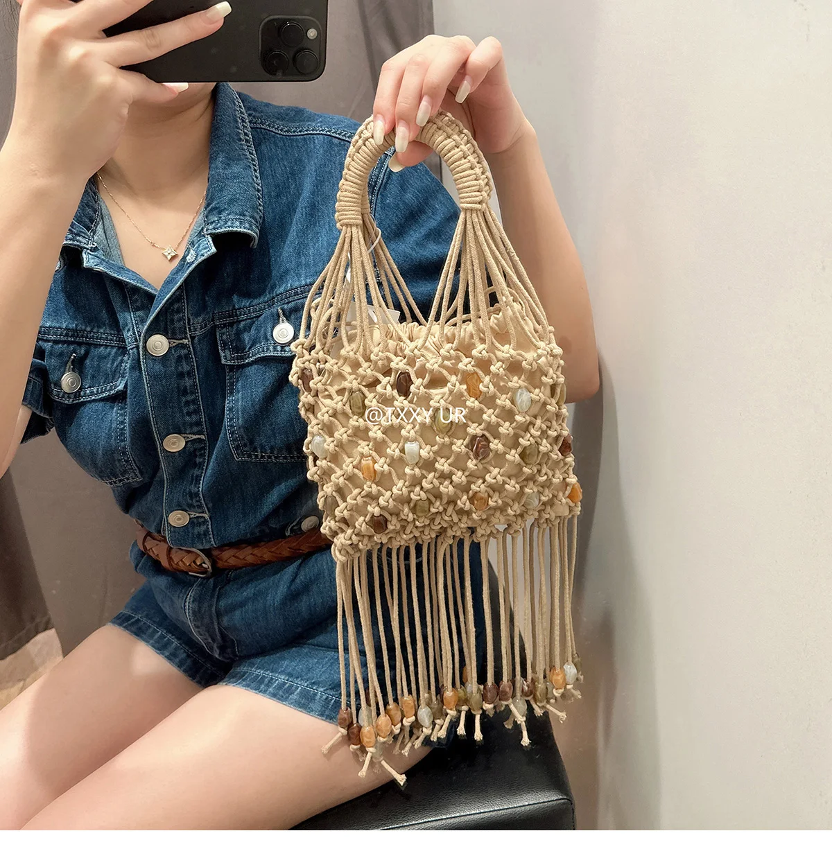 Knitted beads Women's Bag Bead Hollow Fashion Women's Shoulder Bag 2025 New Hot Selling VersatileTote Bag
