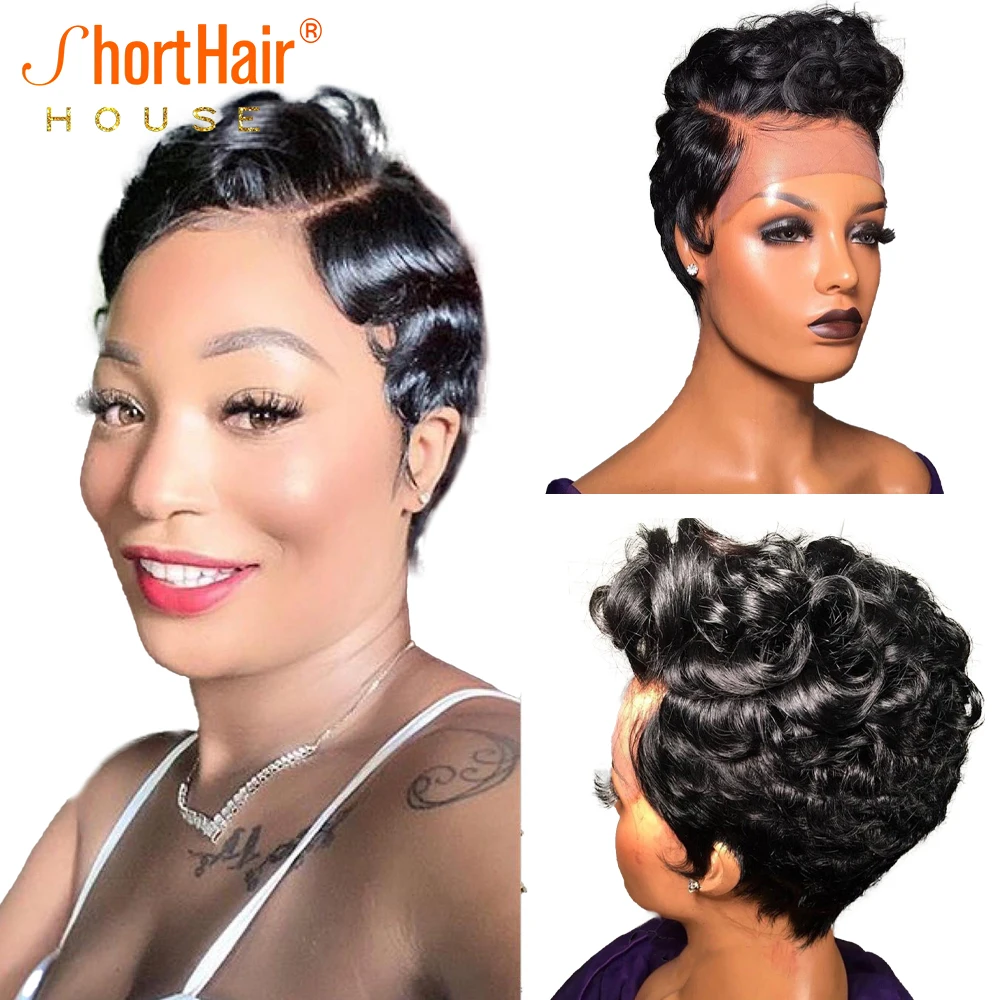 Pixie Cut Lace Frontal Human Hair Wigs Short Curly Wigs For Balck Women With Baby Hair Side Part Short Bob Wave For Summer