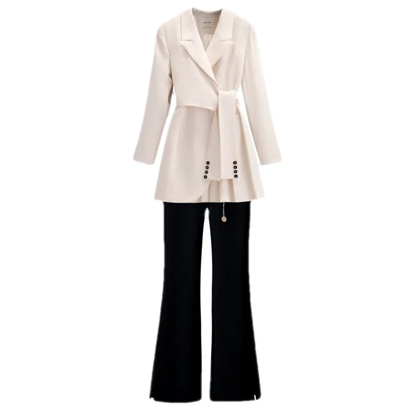 Spring new long sleeved trousers Lapel Leisure suit elegant button belt decorative women's coat pants two-piece set