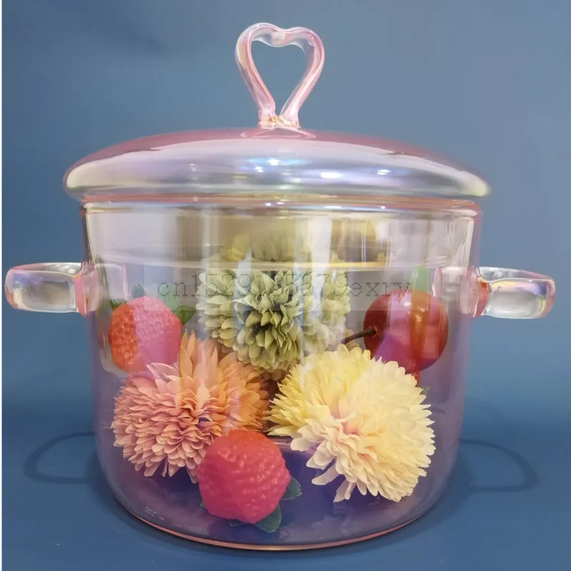 Nordic Wind Kitchen Pot High Borosilicate Pink Glass Pan Straight Burning  Transparent Cooking Pot Small Health Boil Soup Pot