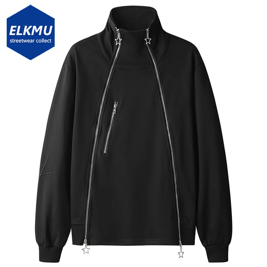 

Толстовка мужская с двойной молнией, свободная черная худи с высоким воротником, уличная одежда в стиле хип-хоп, худи в стиле Харадзюку