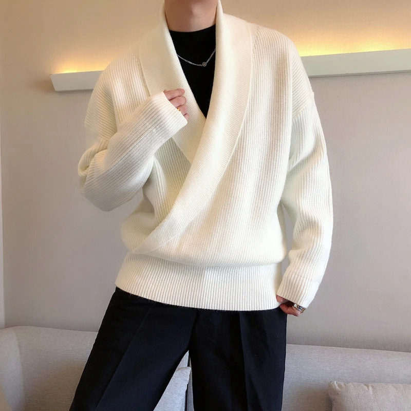 Mens Sweaters Autumn Winter Fashion Big V-neck Hangs Personality Knitted Sweater Men's Casual Loose Pullovers Sweaters Male Coat 5