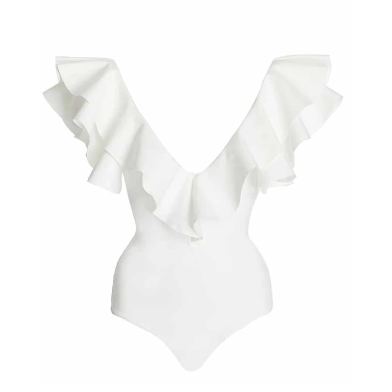 2023 Sexy Ruffle One Piece Swimsuit Sleeveless Solid Swimwear Women Deep-V Bathing Suits Summer Backless Beachwear Dropshipping