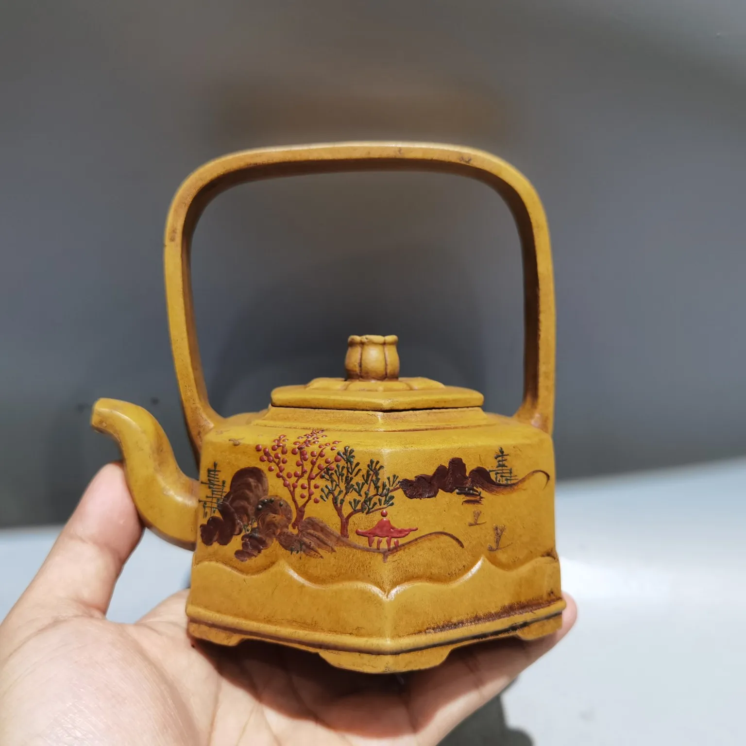 

5"Chinese Yixing Purple Clay Teapot Painted Scenery Pot Kettle Hexagonal Teapot Flagon Office Amass wealth Ornaments