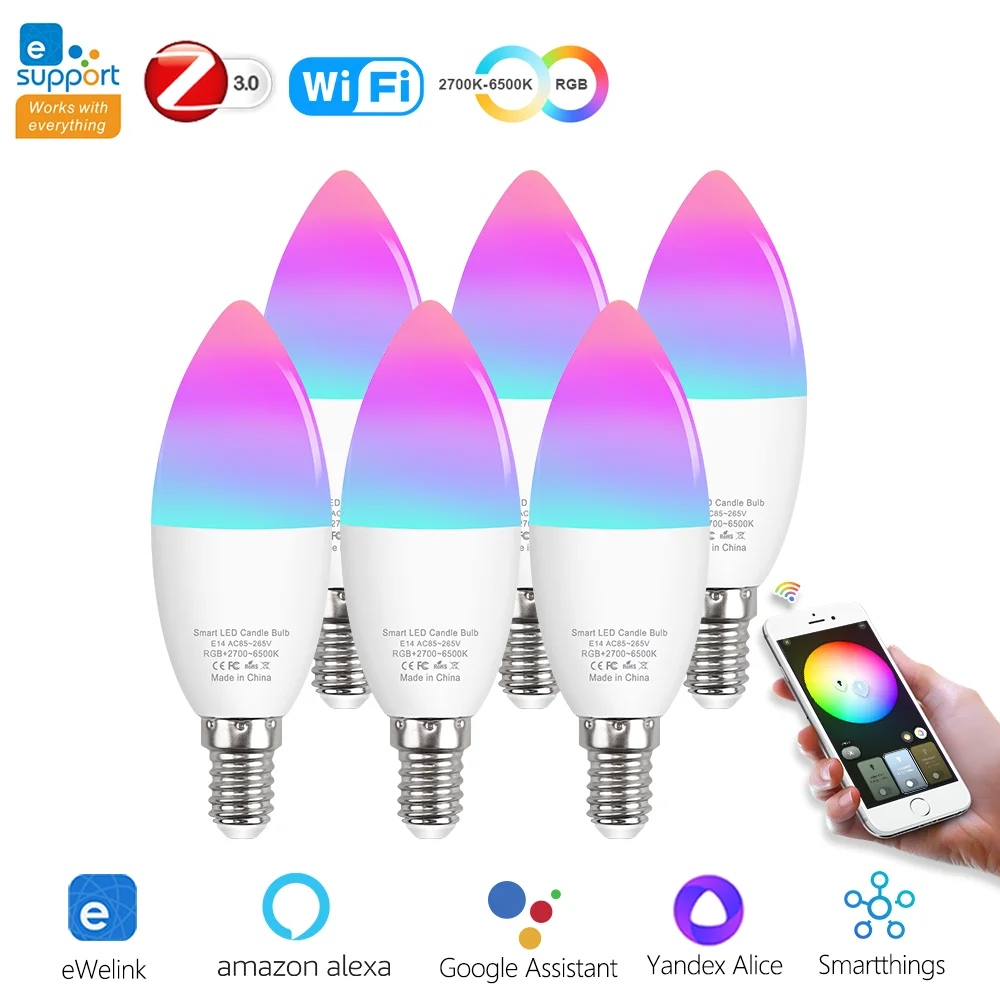 EWelink Zigbee E14 Wifi Smart Led Bulb RGB C+W Dimmable Lamp E14 Candle Led Light Bulb Works With Alexa Google Home Yandex Alice