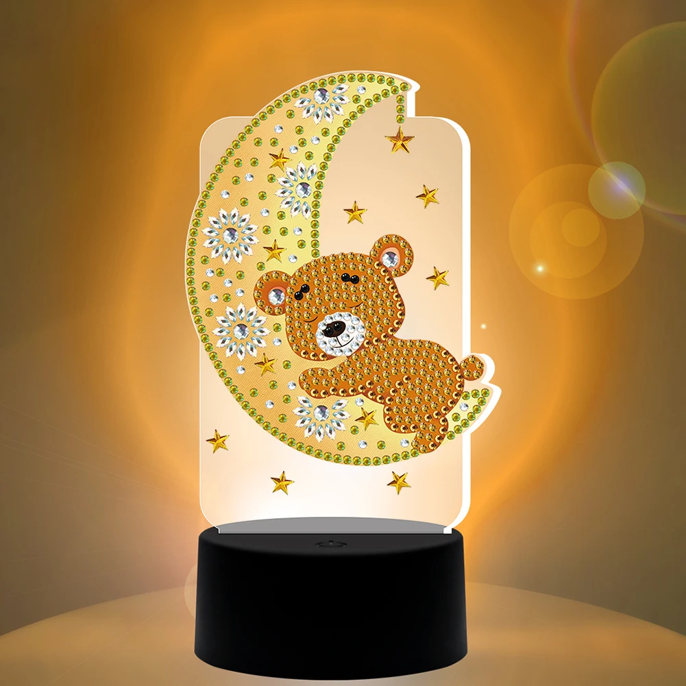 CRGANGZY Kit Lampada Notturna LED Fai Da Te Diamond Painting – Forma Orso E Luna, 150x88x38 Mm, Con Strass E Strumenti, Batterie Non Incluse