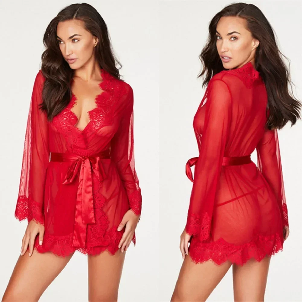 Women Lingerie Set Nightgown Mini Dress with Belt and Panties