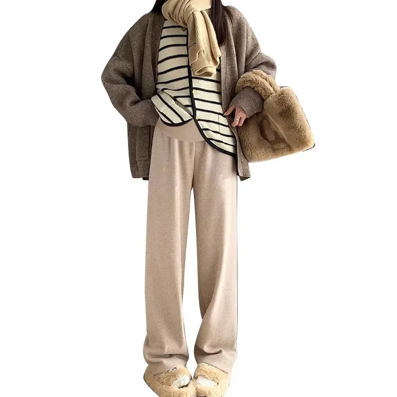 Maternity Pants Autumn Collection Fleece-lined Wool Knit Straight-leg Casual Pants Pregnant Women Spring Outer Wear Bell Bottoms 5