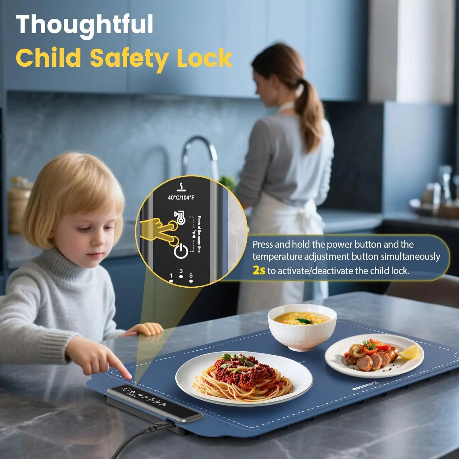 Warming Mat for Food, Food Warmer with 4 Level Adjustable Temperature, Full Surface Heating, Rollable