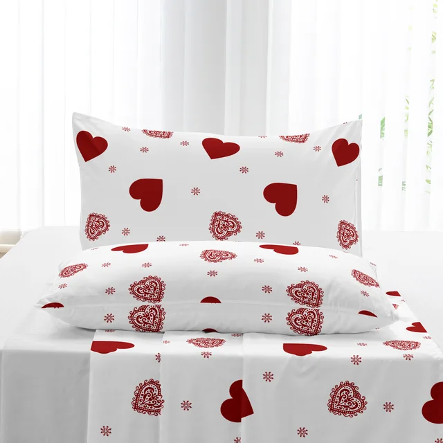 Set di 3 federe con baldacchino per letto con stampa a forma di cuore di San Valentino, tema d'amore romantico, lenzuolo con angoli con design a cuore rosso, adatto per ragazze 4