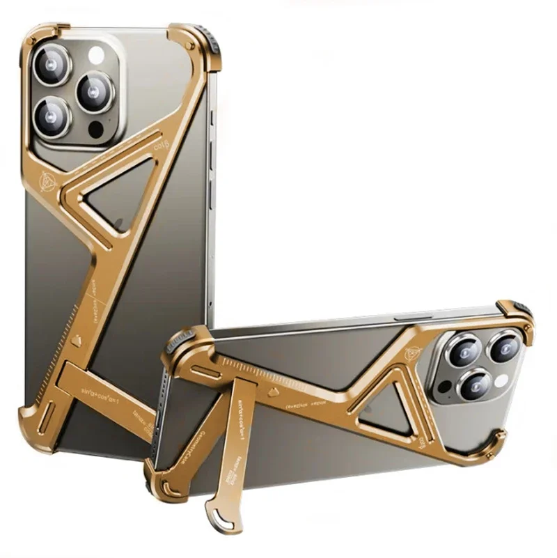 Sleek Aluminum Alloy Frameless Phone Case with Stand - Shockproof Protective Cover
