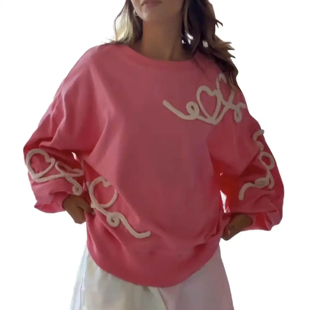 

Embroidered Spring Top Embroidered Women's Spring Sweatshirt Casual Loose Fit Long Sleeve Top for Valentine's Day Solid Color