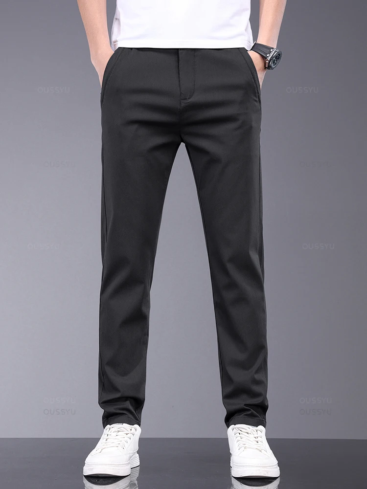 Brand Clothing Summer Soft Stretch Bamboo Fiber Fabric Men's Casual Pants Thin Slim Elastic Waist Business Grey Trousers Male 38