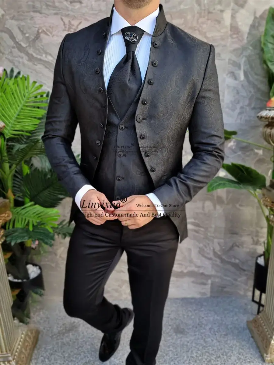 

Elegant Italy Jacquard Groomsmen Groom Tuxedos Stand Collar Men Suit Wedding Best Man Blazers Set Slim Terno Masculinos Completo