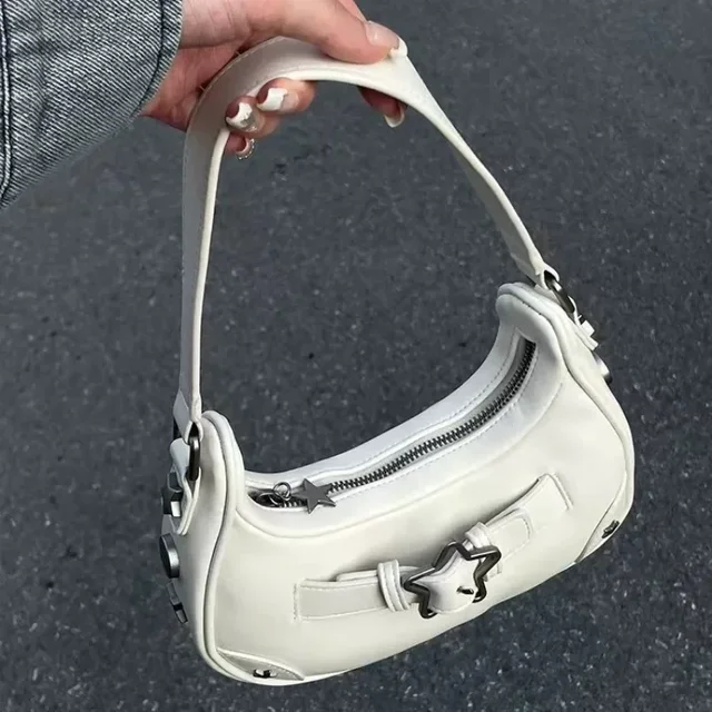Vintage coréen décontracté mignon blanc étoile épaule sous les bras sac fourre-tout dames sacs à bandoulière en cuir Zip sacs à main sacs à main femmes 1