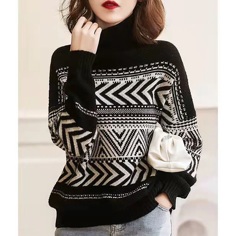 

Fashion Turtleneck Loose Geometric Casual Sweaters Women's Clothing 2023 Winter Oversized All-match Pullovers Commuter Tops