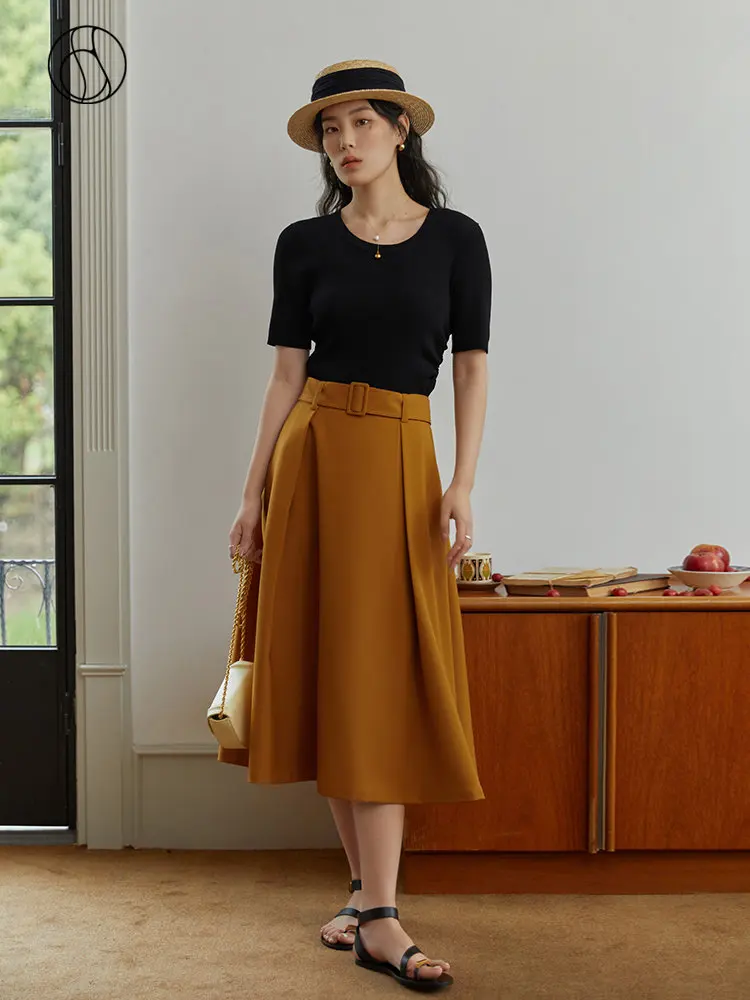 

DUSHU Caramel-colored Temperament Retro Drape Umbrella Skirt for Women Summer New Office Lady Commuter Waist Slimming Skirt