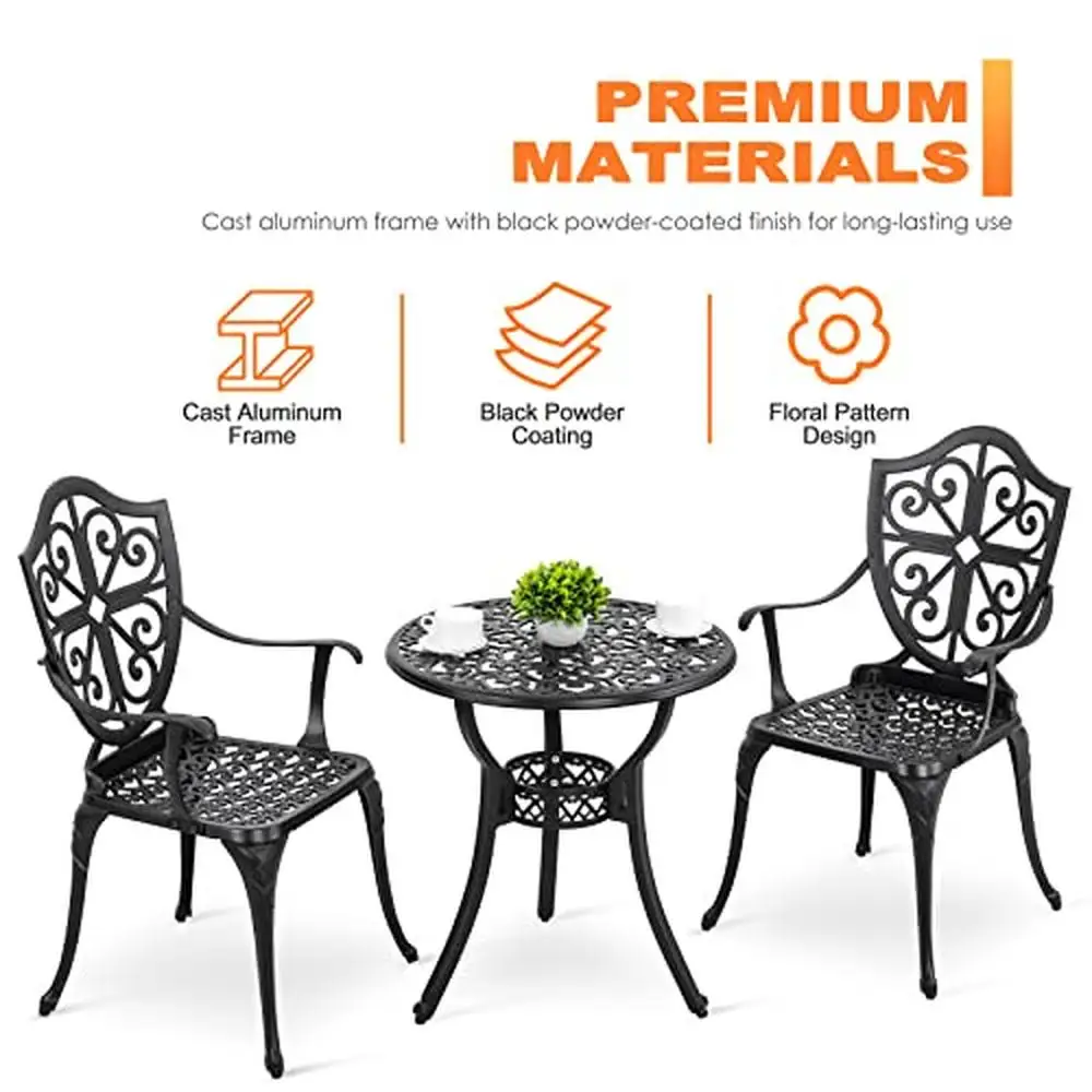 Outdoor Aluminum Bistro Set 3 Piece with Umbrella Hole Table & Chairs Set Patio Powder-Coated Frame Non-Slip Foot Pads Ergonomic 4