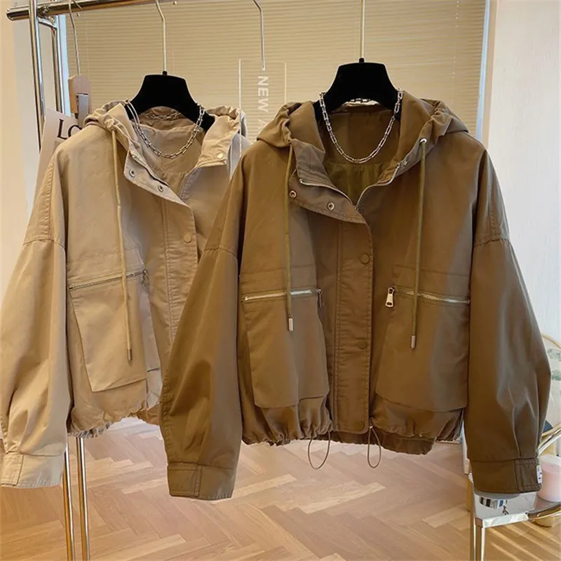 

2023 spring autumn women's Jacket casual hooded tooling outerwear Female Korean loose long-sleeved short coat