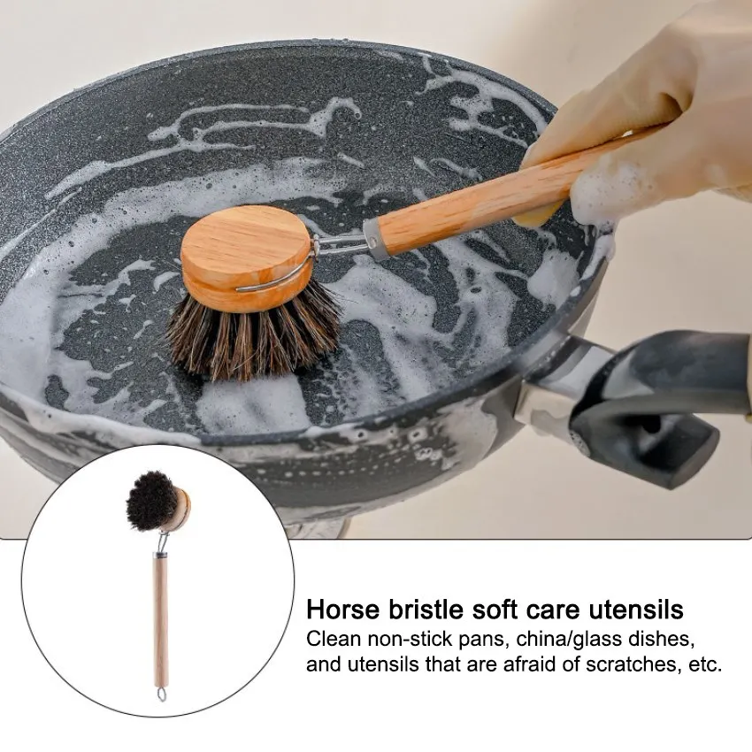 

Wooden Dish Scrub Brushes Natural Bristles Kitchen Cleaning Scrubbers Long Handle Brush Kitchen Washing Dish Pot Brush