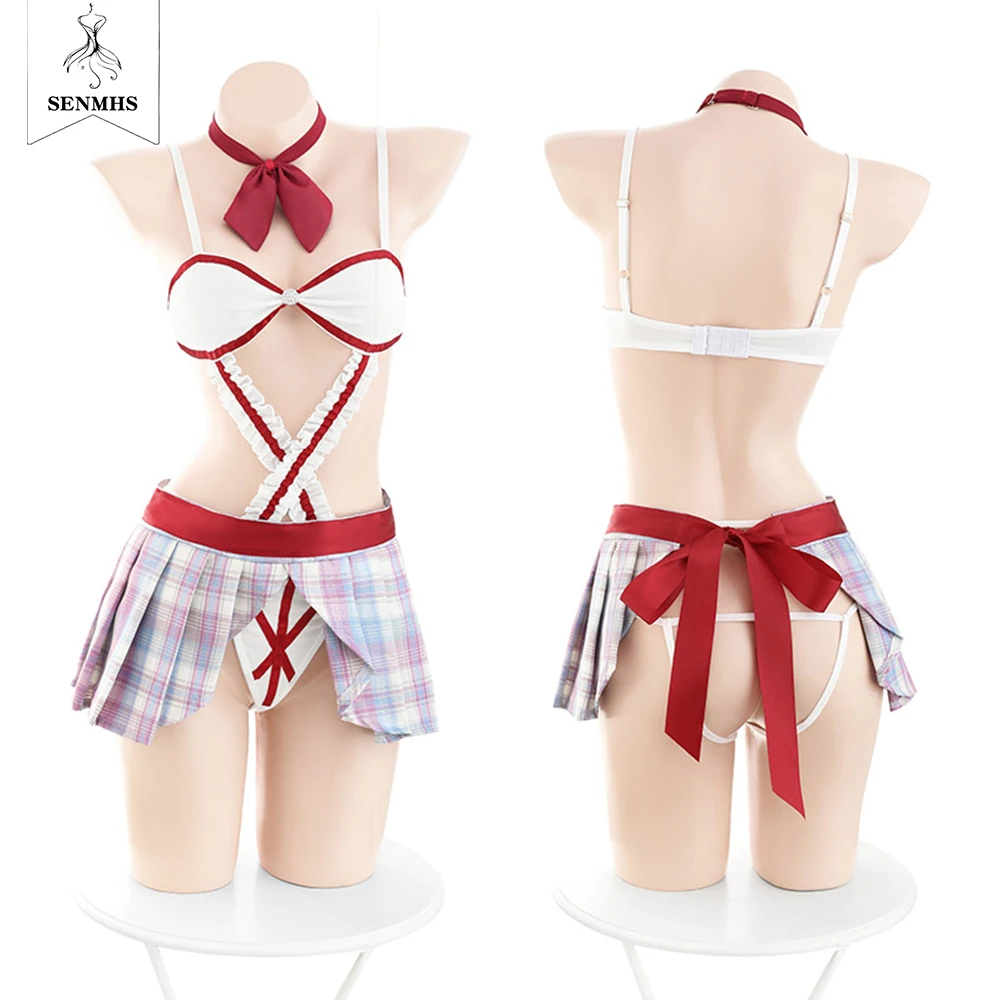 

SENMHS Sexy Sailor Lingerie Campus Style Schoolgirl Erotic Cosplay Costumes Women Cross Strap Bra Mini Skirt Student Underwear