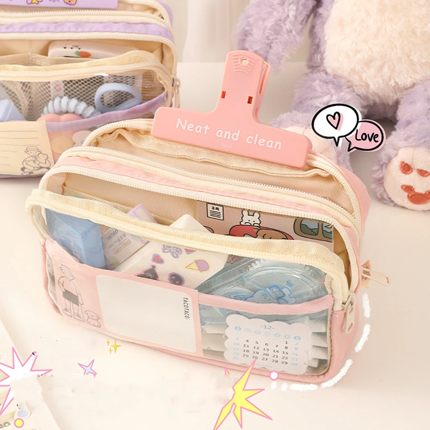 Pencil Case Transparency Cases Lapicera Estuche Escolar Cute 3 Stratum Korean Stationery School Supplies Etui Large Pencils Bags