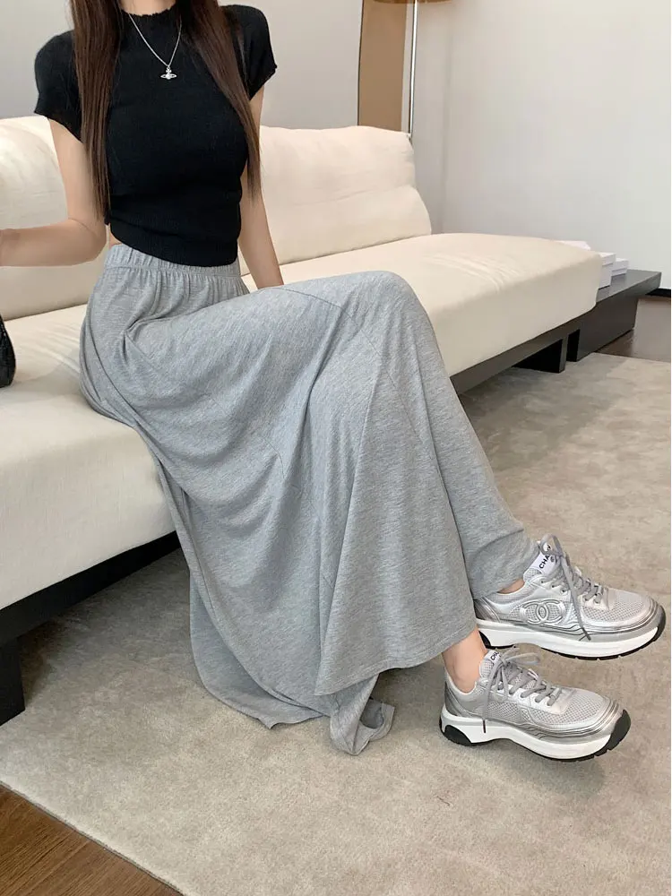 Gray Skirt Match Elastic Waist Midi Skirt Women's A-Line Dark Gray