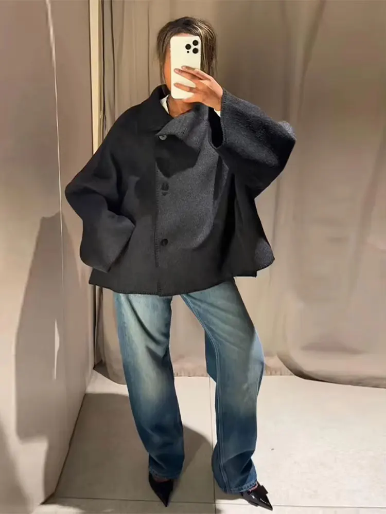 HH Women Fashion Contrast Faux Woolen Coats Turtleneck Long Sleeve Single Breasted Oversizes Loose Jackets Woman Chic Outwears