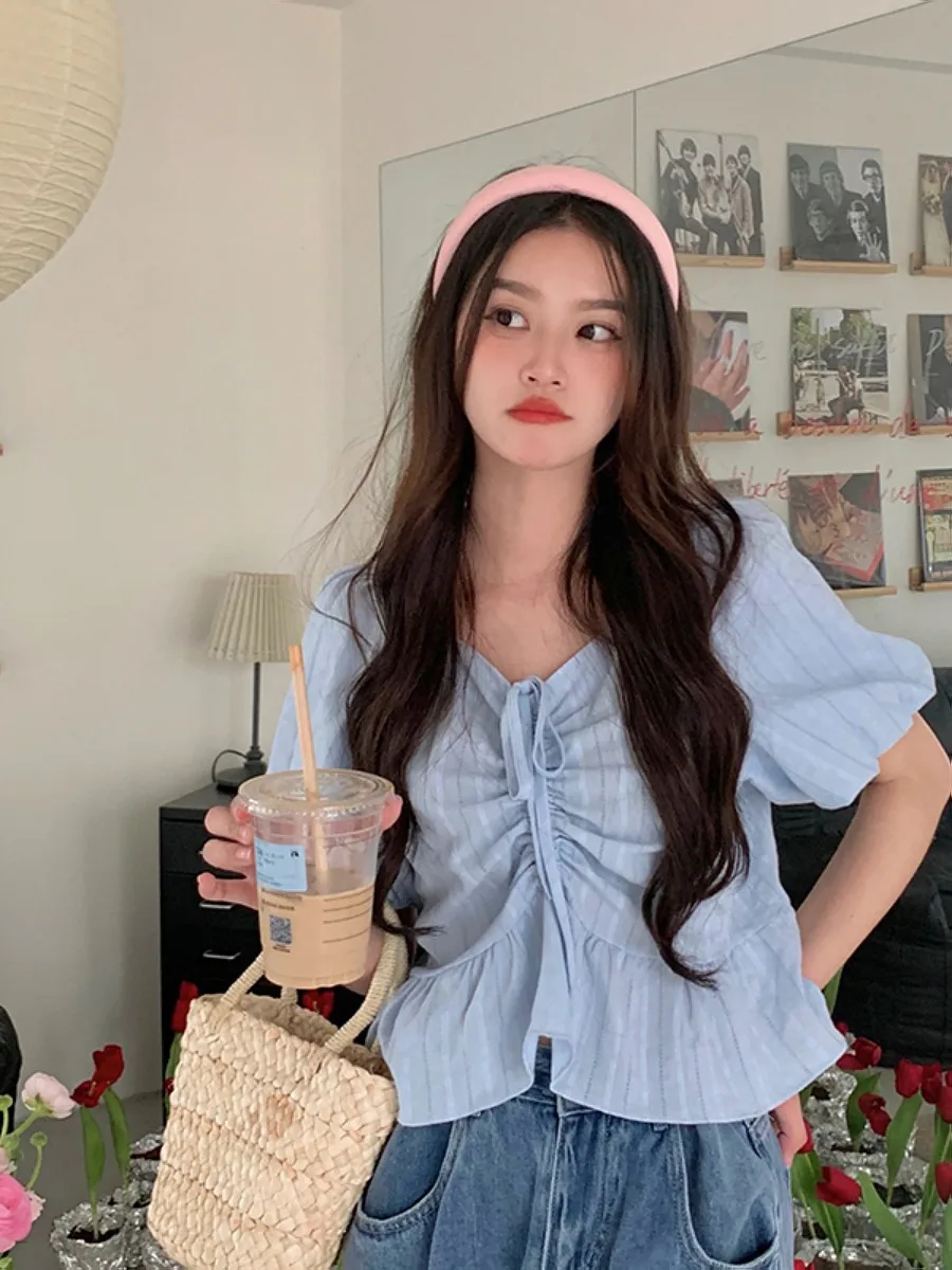 루즈핏 v 넥 풀오버 셔츠 반소매 드로스트링 탑 트렌디 솔리드 컬러 여름 패션 여성 플러스 사이즈 디자인 센스