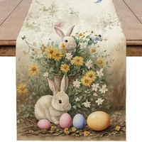 1pc Oil Painting Easter Table Runner Spring Oil Painting Watercolor Retro Bunny Egg Flower Tabletop Decor Party Cabinets Decor 1