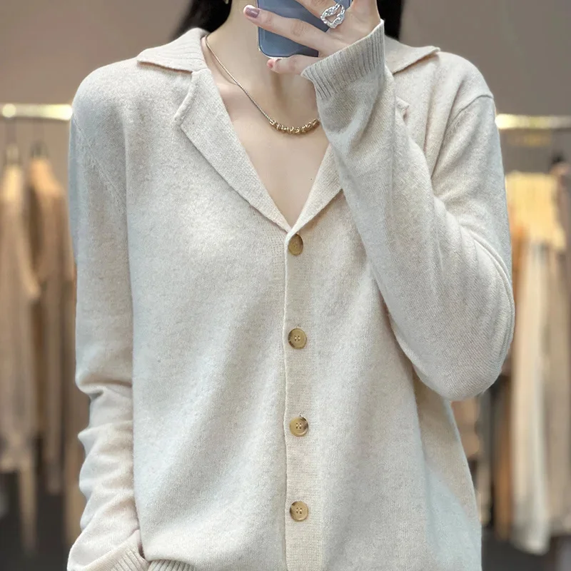 

Collar cardigan sweater women's 100% wool long sleeved sweater trend fine cashmere knitted coat autumn and winter hot top S-XXL