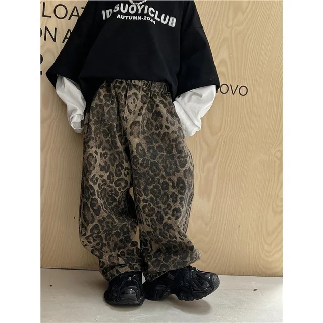 Autumn Children Boys Jeans American Retro Leopard Prinred Toddler Boys Trousers Loose Elastic Waist Kids Baby Boy Straight Pants 1
