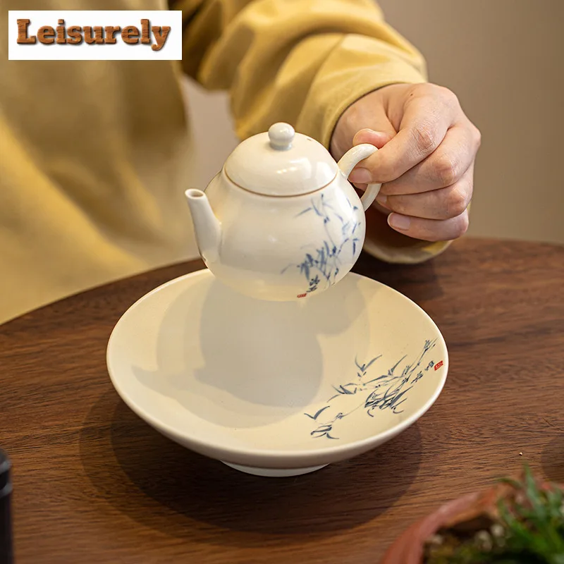 Hand-painted Bamboo Pot Bearing Holder Traditional Soda Glazed Gaiwan Tray Dry Brew Table Tea Tray Fruit Snack Plate Cha Gift