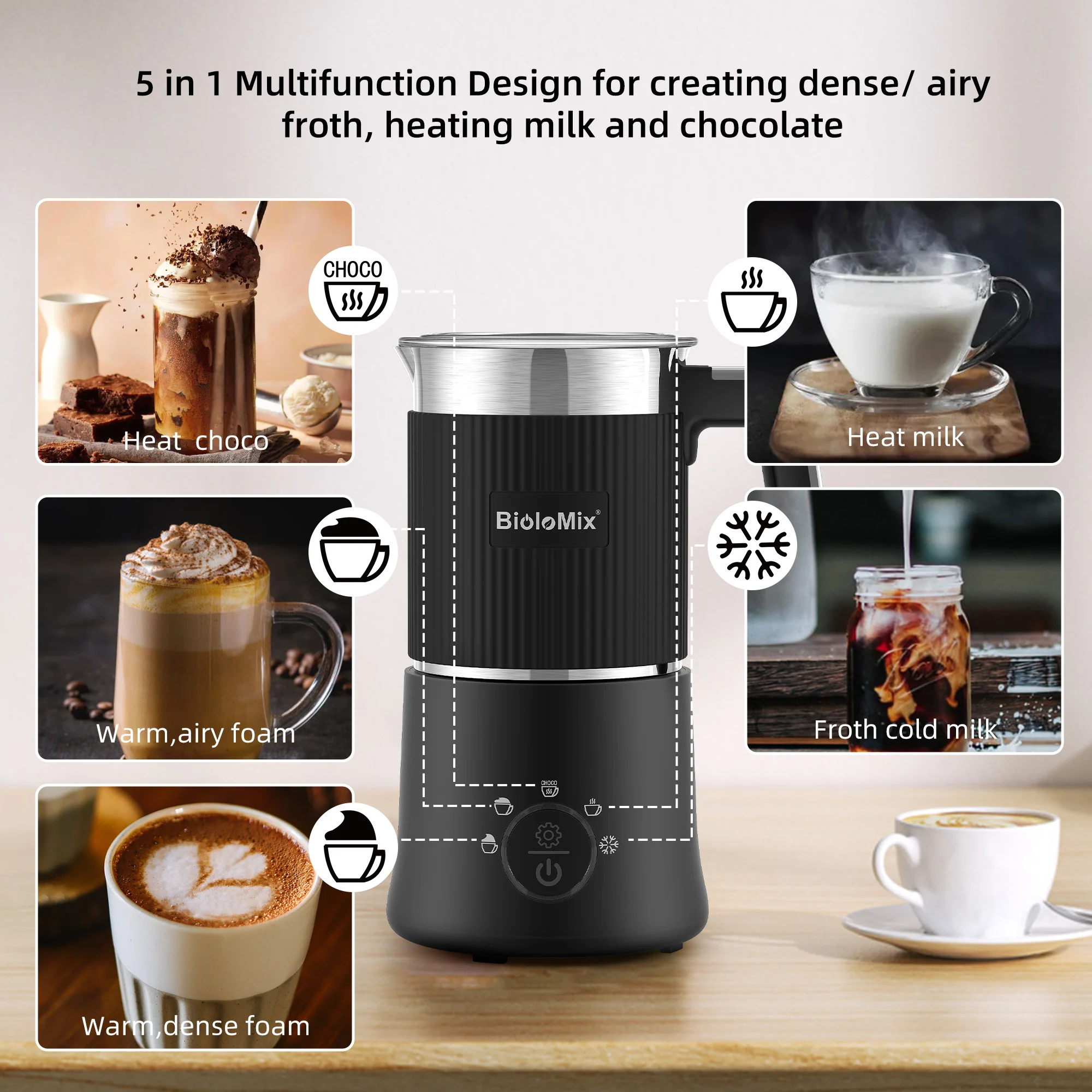 Coffart By BioloMix 5-in-1 Detachable Milk Frother and Steamer Automatic Hot/Cold Foam and Hot Chocolate Maker Dishwasher Safe