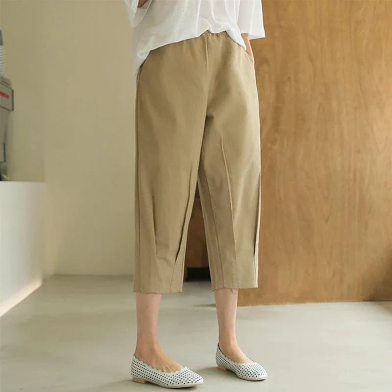 Summer New Elastic High Waist Loose Casual Harem Trousers Female Solid Color Calf Length All-match Cotton Pants Women's Clothing
