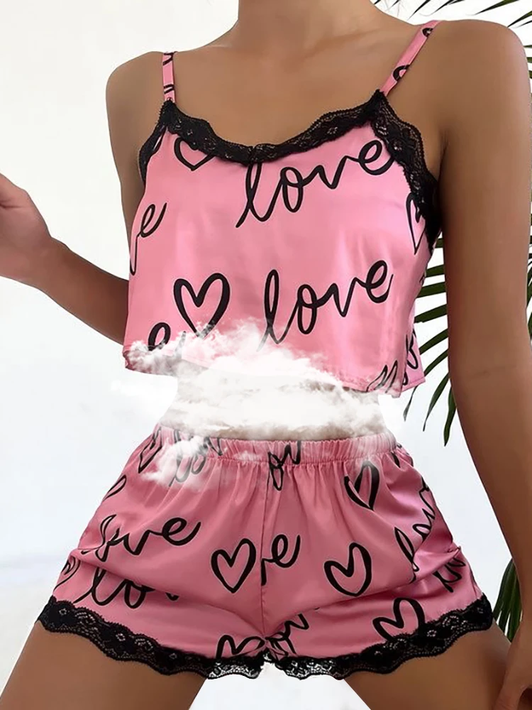 New Ladies Cute Sexy Printed Pajamas 2-Piece Spring/Summer Home Wear Fashion Lace Patchwork Suspenders Set