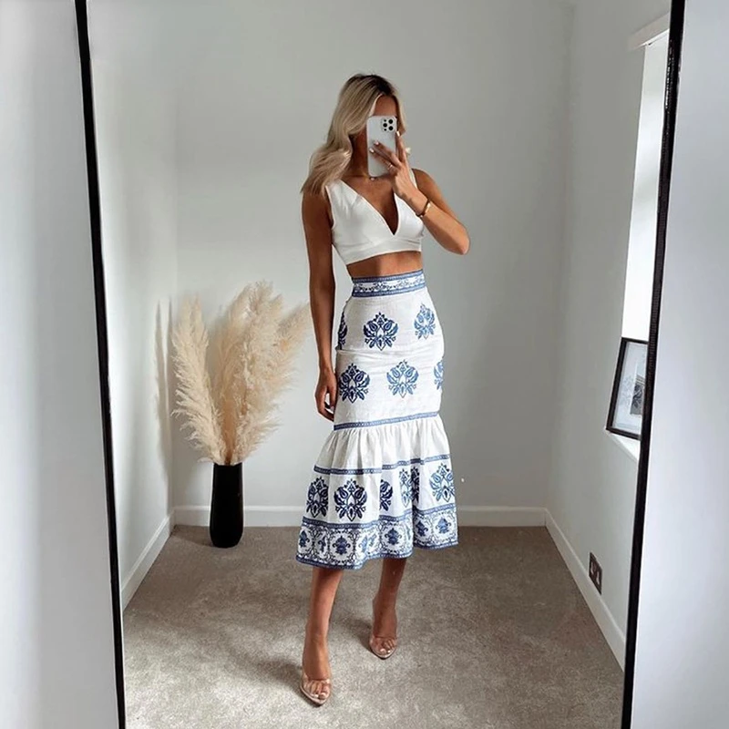 2022 Women Blue Embroidery Linen Skirt High Waist Side Zip Vintage Summer Midi Skirts Fashion Ruffle Hem Female Skirts black skirt