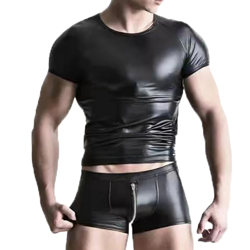 Suit Sexy Faux Leather Short Sleeve Tee T-shirt Tops Sex Gay Men Fetish Wear Undershirts Clubwear Costumes Party Clothing Shorts