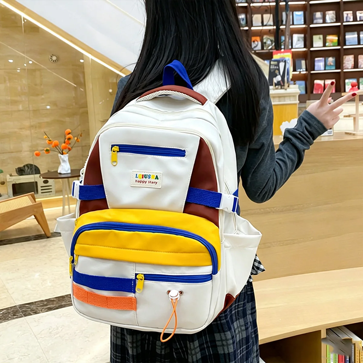 Dopamine Color Block Backpack Large Capacity Lightweight School Bag Cute Plush Pendant Adjustable Strap for Daily Campus Use 5