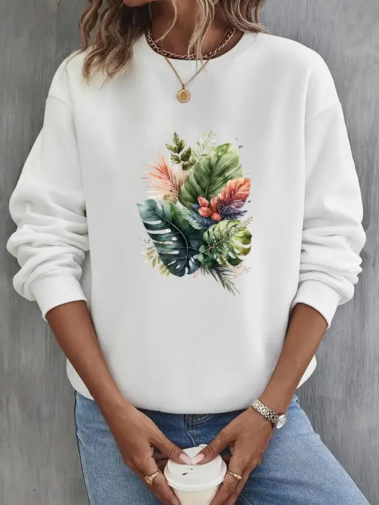 

Long Sleeve Pullovers Lady Fleece Casual Women O-neck Plant Beach Trend Clothing Print Fashion Cartoon Graphic Sweatshirts