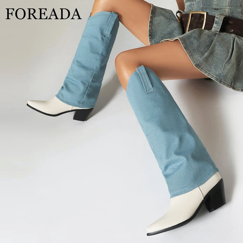 

FOREADA Women Knee High Long Boots Pointed Toe Gogo Boots Thick High Heels Western Cowgirl Boots Ladies Fashion Shoes Winter 46