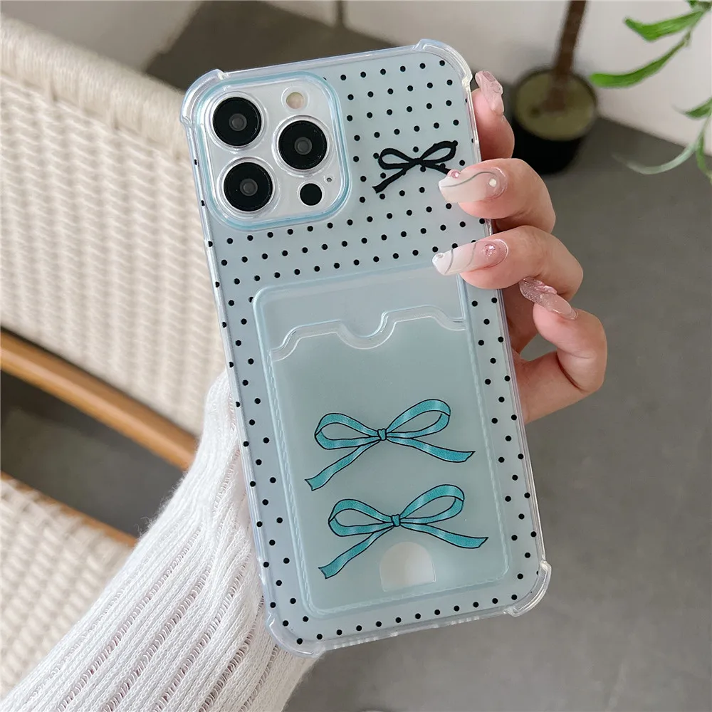 Card Slot Bag Holder Phone Case with Cute Bow Design - Clear Silicone Cover