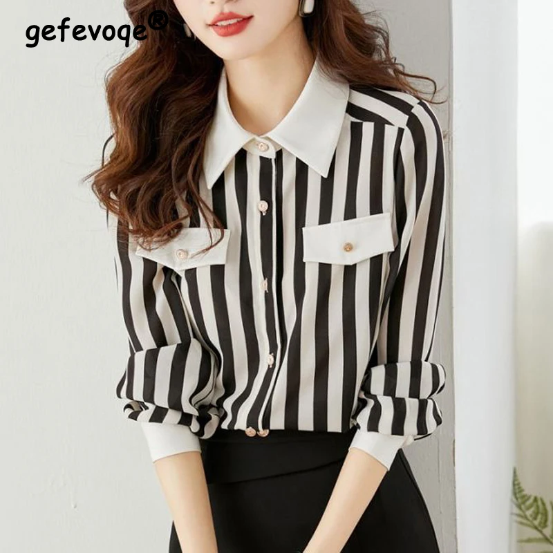 Women's Classics Striped Print Button Shirt Korean Fashion Elegant Office Lady Blouse Casual Loose Long Sleeve Tops Chic Blusas