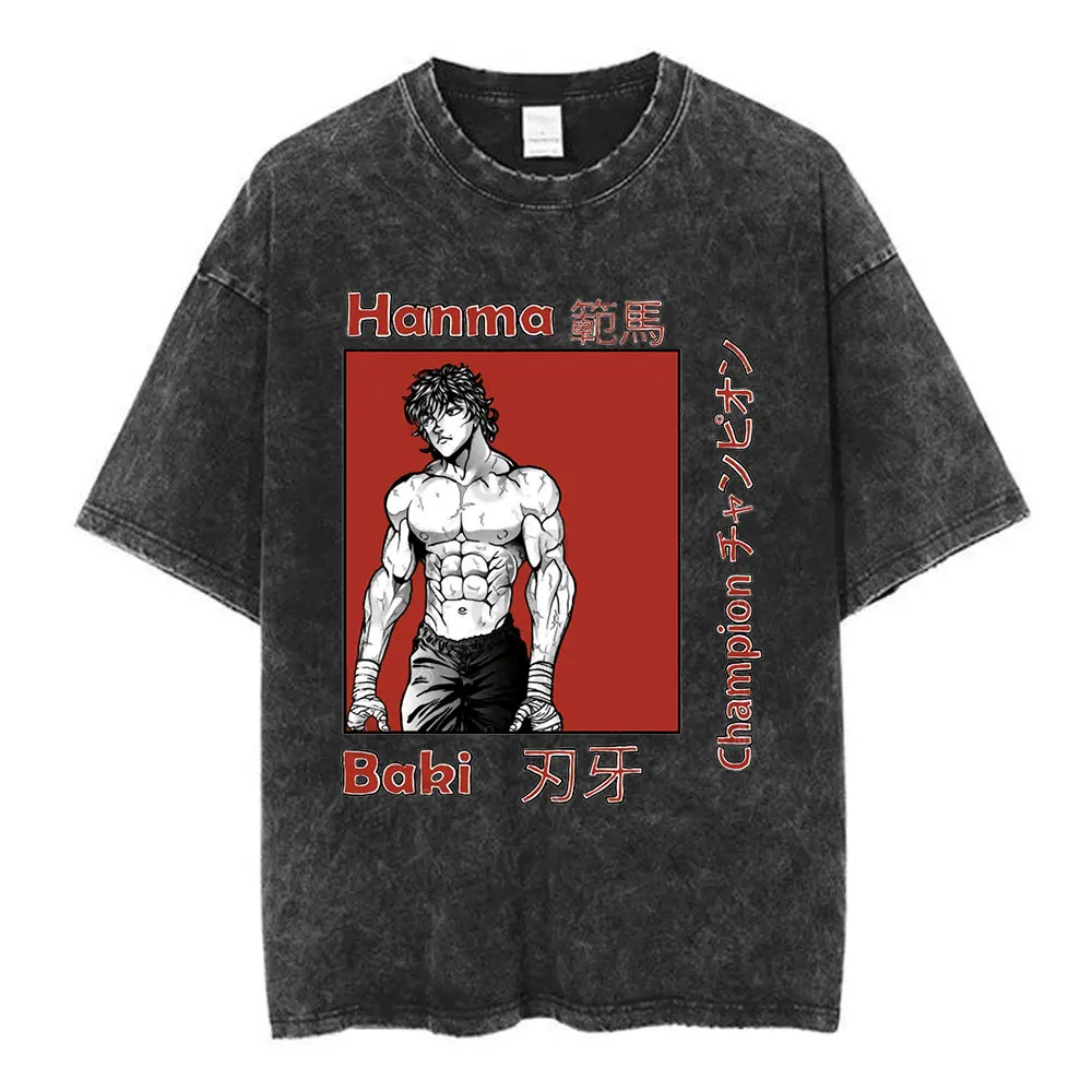 Vintage Washed T Shirt Anime Baki The Grappler T-shirt Hanma Yujiro Gym Short Sleeve T-shirts Oversized Cotton Casual Tee Shirt 5