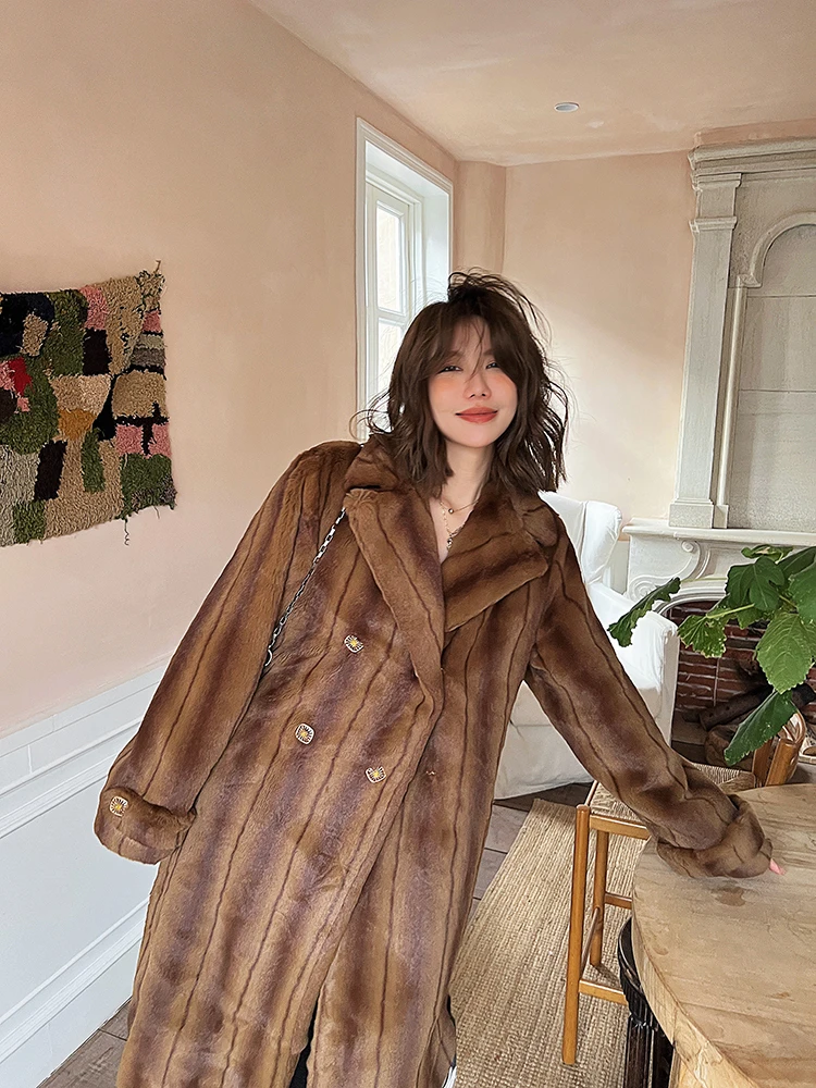 

Retro Mink Double-Breasted Mid-Length Fur Coat Winter Thickened Lady Mid-Ancient Plush Environmental Protection Fur Coat