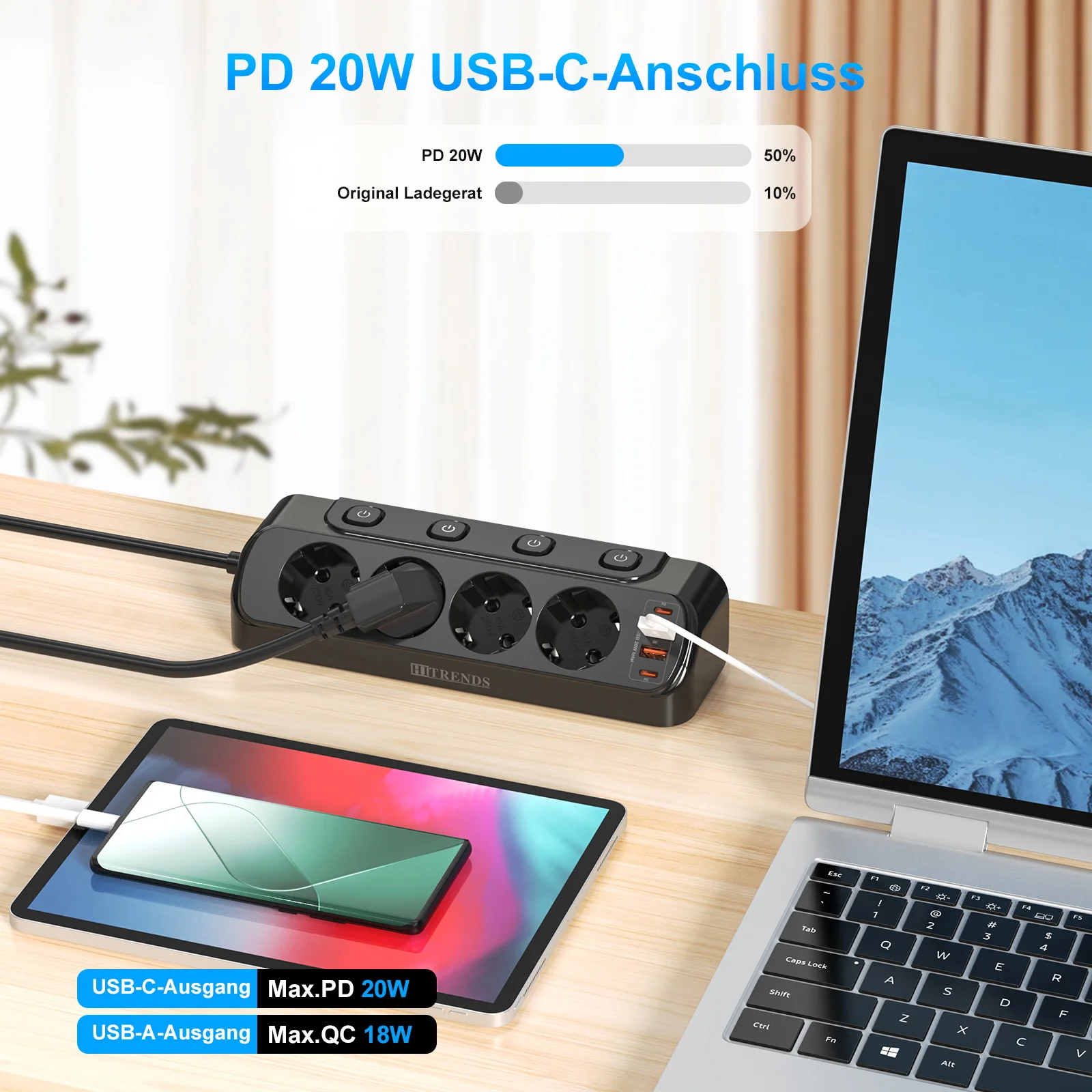 flat plug 90-degree desktop power strip with 4 AC outlets 2 USB 2 Type C PD20W fast charge EU power socket 3m cable for home 3