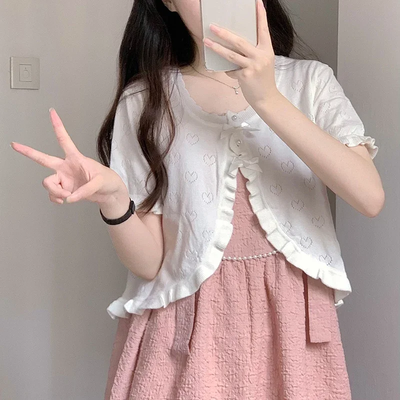 Cute Knitted Cardigan Women Pearl Button Bow Decoration Heart Hollow Out Short Sweater for Sweet Girl Kawaii Clothes 4