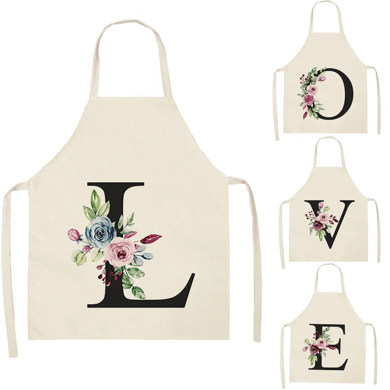 

Black Letter Alphabet Pattern Kitchen Apron For Woman Sleeveless Cotton Linen Aprons Cooking Home Cleaning Tools 66x47cm